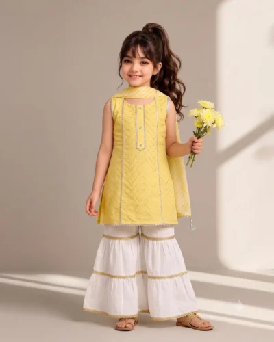 Little girl wearing a yellow embroidered lawn kurti with white gharara pants and matching dupatta for summer, Eid and festive occasions.