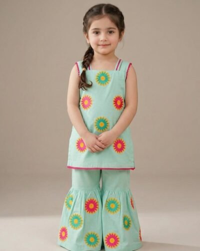 Little girl wearing a mint green floral embroidered gharara suit from the Laj Apparel Summer Collection.