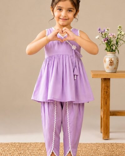 Little girl wearing a lavender 2-piece summer suit with lace detailing from the Laj Apparel Summer Collection.