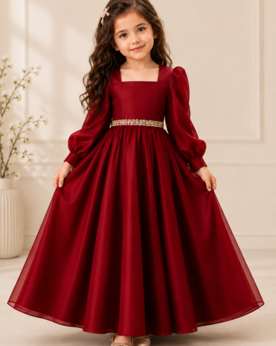 Maroon party wear frock for girls with puff sleeves and long flared skirt